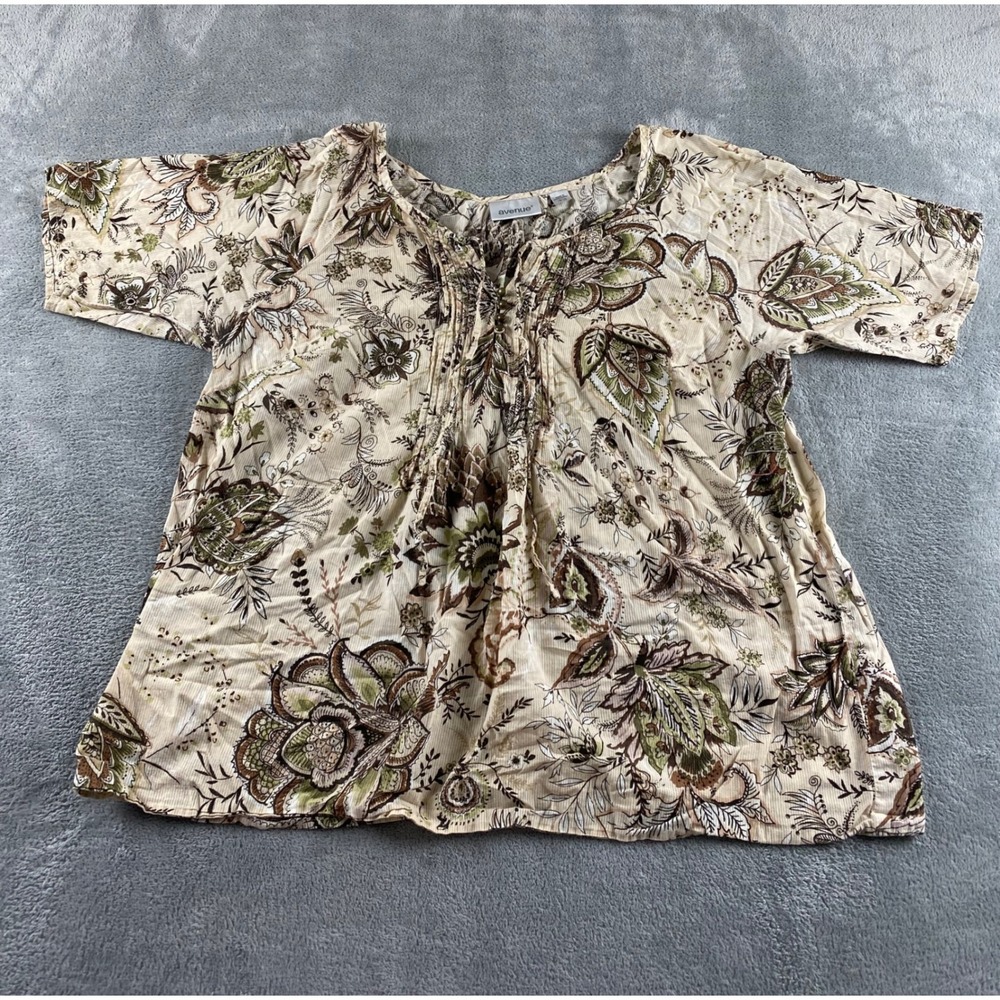 Avenue Womens Plus 18/20 Floral Paisley Pintuck Split Neck Short Sleeve Blouse